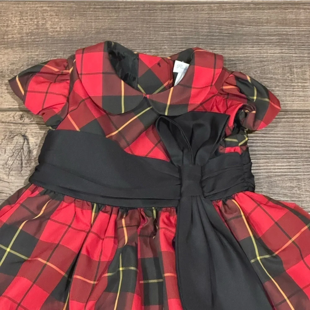 Ralph Lauren Baby Dress Red Black Plaid Taffeta Bow Lined Holiday Dress Size 9M